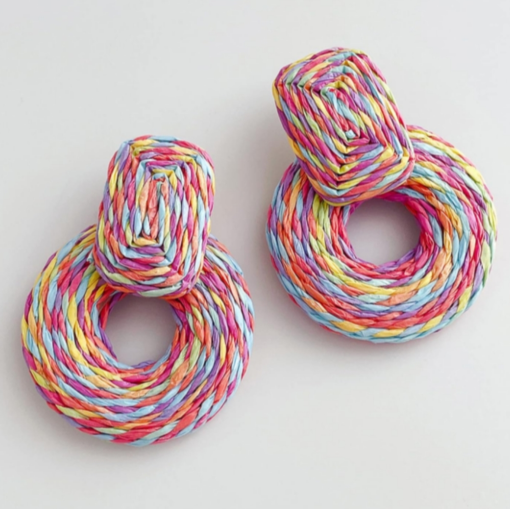 Chunky Pastel Multicolor Rattan Earrings Wicker Door Knocker Bold Statement New